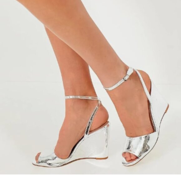 miss left Silver Open Toe Wedge High Heel Sandals Crossed Ankle Strap Shoes - Picture 1 of 8